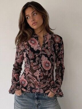 J.H. Collectibles Boho Romantic Whimsigoth Y2K Festival sheer paisley blouse M